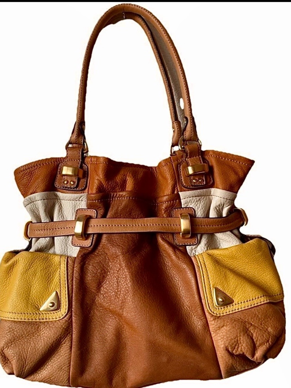 New W/Tag ~b. Makowsky large Brown, Yellow & Cream Genuine Leather Shoulder Bag